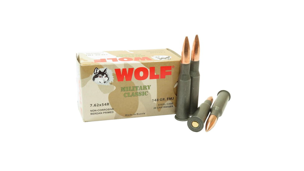Wolf Ammo Military Classic 7.62x54R 148 Grain Full Metal Jacket Steel Cased Rifle Ammunition, 20 Rounds, MC76254R148