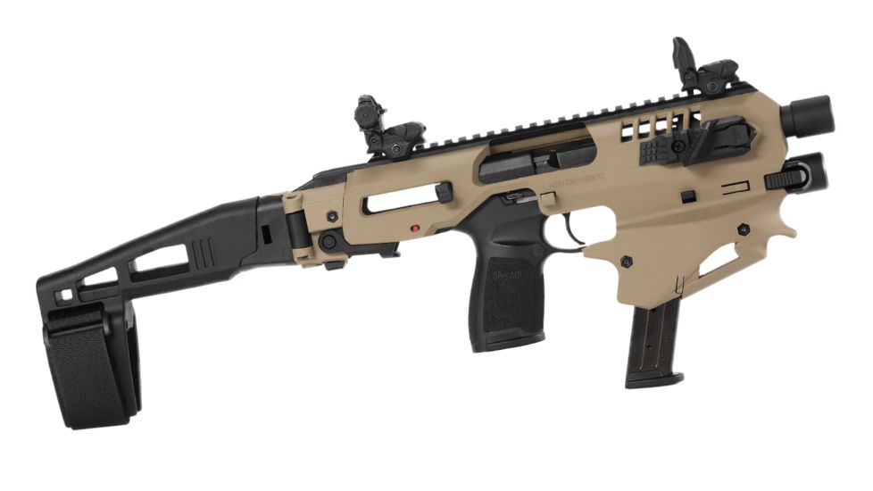 CAA Sig Sauer MCK - Advanced Micro Conversion Kit, Sig Sauer P320 9mm/.40, Front &amp; Rear Sights, Thumb Rest, 500 Lumens Light, One Point Sling, Sling Mount, FDE, Long Stabilizer, MCKSIGTA