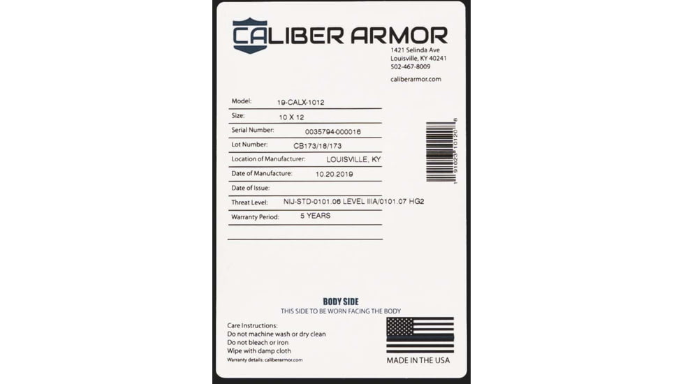 Caliber Armor CaliberX IIIA Soft Body Armor Plate, 8x10 inch, 19-CALX-0810