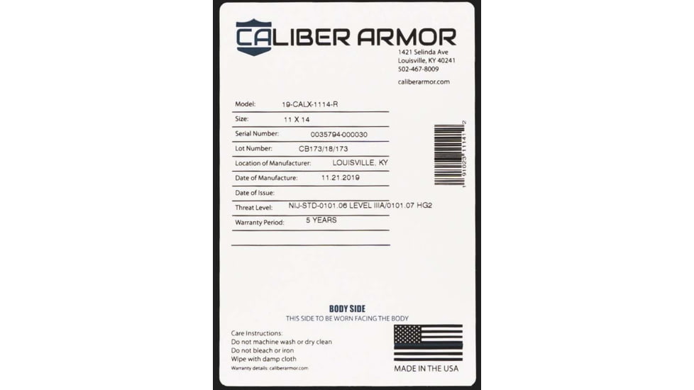 Caliber Armor CaliberX IIIA Soft Body Armor Rectangle Panel, Black, 8 X 10, 19-CALX-810-R