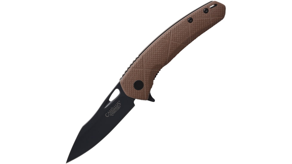 Camillus Knives Blaze Linerlock Brown Folding Knife, 2.75in Carbonitride Titanium Coated D2 Tool Steel Blade, Coyote Brown Textured G10 Handle, Quick Launch Dual Bearing System, Coyote brown, 19808