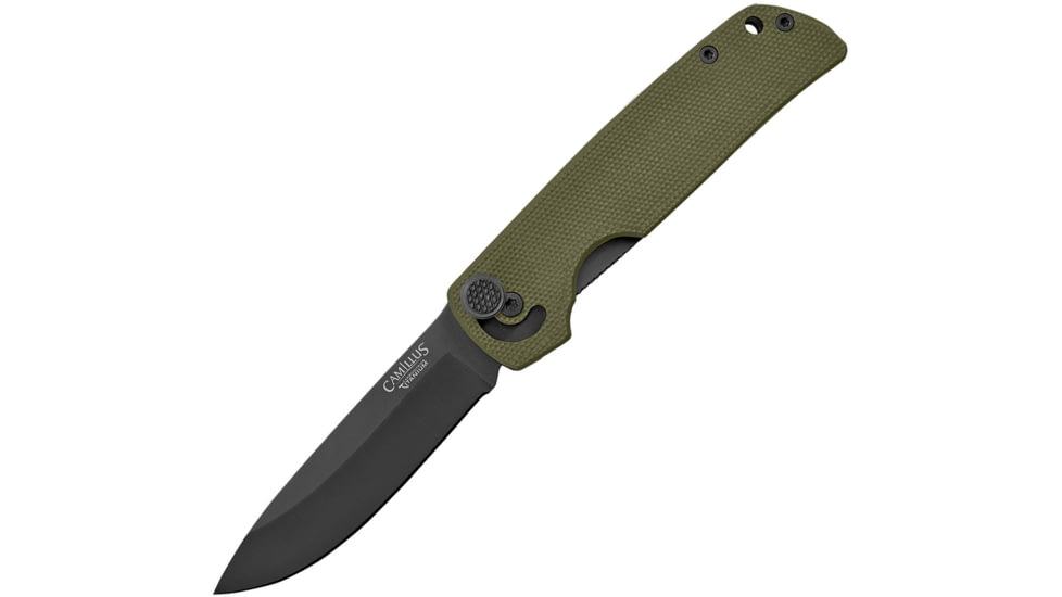 Camillus Knives Cuda Mini Linerlock Folding Knife, 2.75in Black Carbonitride Titanium Coated Aus-8 SS Drop Point, OD Green G10 Handle, Pocket Clip, Quick Launch Bearing System, OD green, 19633