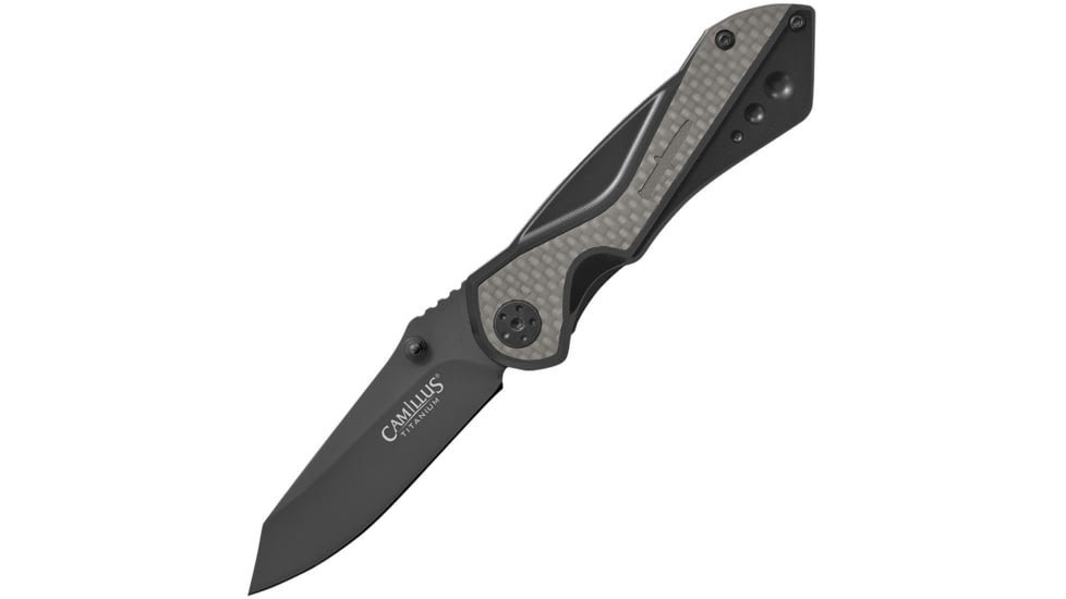 Camillus Knives Machine Linerlock A/O Folding Knife, 4in Closed, 2.75in Black Carbonitride Titanium Coated 420 SS Blade, Black Glass Filled Nylon Handle w/Carbon Fiber Inlay, Pocket Clip, Black, 19812