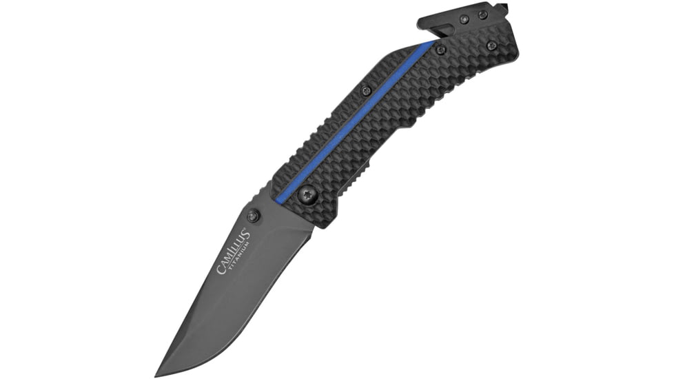 Camillus Knives Thin Blue Line Linerlock A/O Folding Knife, 3.25 black Carbonitride Titanium coated 440 stain, Black textured TPR handle, 19653