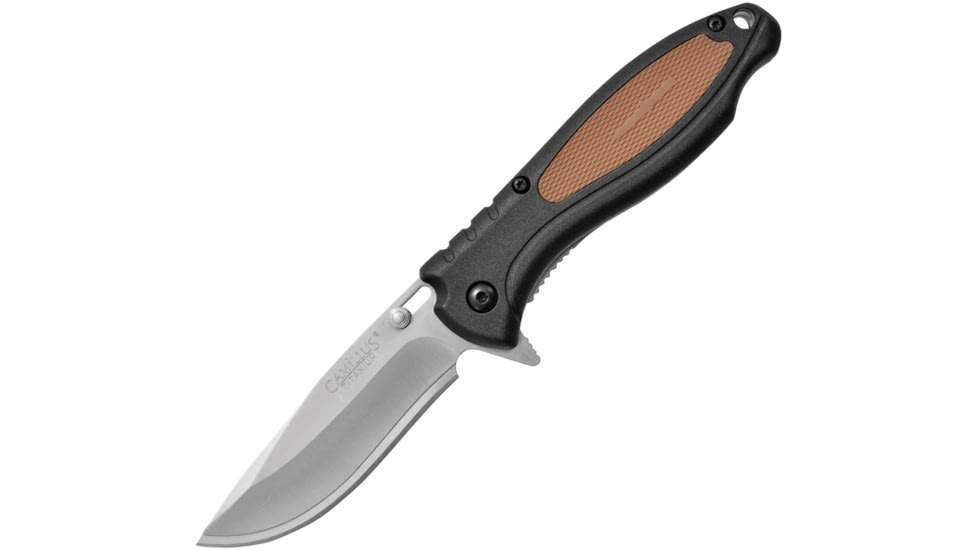 Camillus Knives TigerSharp Linerlock Folding Knife, 3in Satin SS Drop Point, Black Frn Handle, Brown Rubber Handle Insert, One Standard Edge And One Serrated Replaceable Blade, Black, 19131