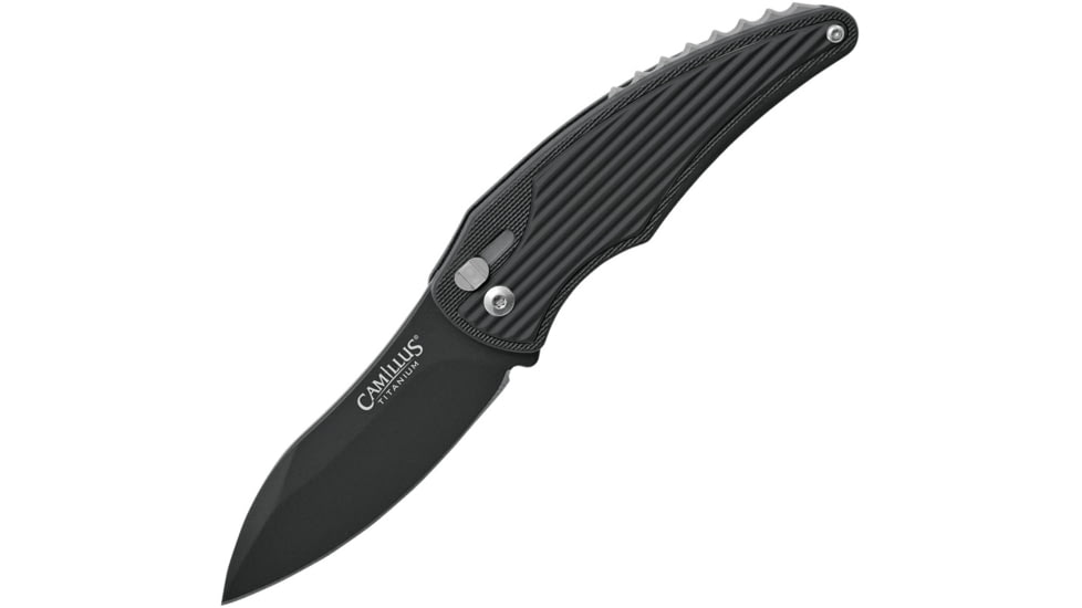 Camillus Knives Wildfire 2 Folding Knife, 3.25in Black Carbonitride Titanium Coated Aus-8 SS Blade, Black Glass Filled Nylon Handle, Pocket Clip, Robo Quick Launch Linkage System, Black, 19816