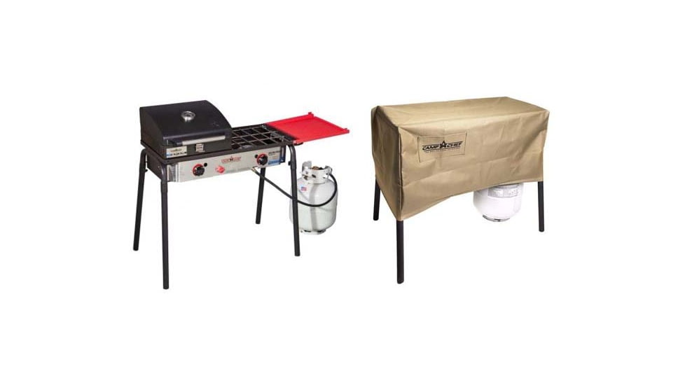 Camp Chef Big Gas Grill 2X Stove, Black/Silver, with Tan Patio Cover, PC32