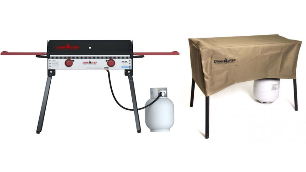 Camp Chef Big LP Gas Grill, 608 Sq. in Cooking Area, 3 Burner, Red, with Tan Patio Cover, PC42