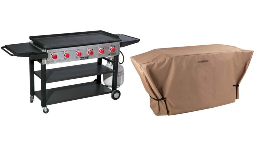 Camp Chef Flat Top Grill 900, Black, with Tan Patio Cover, PC900XL
