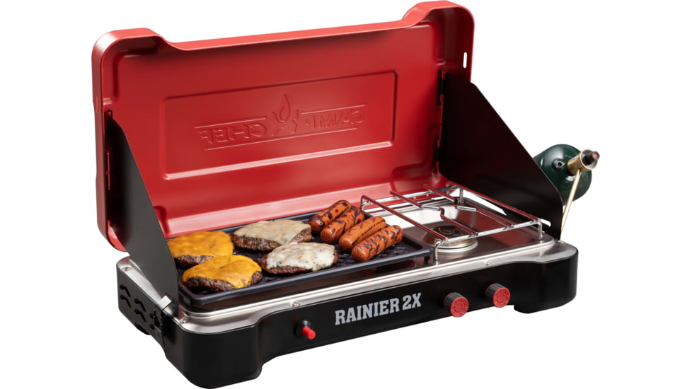 Camp Chef Mountain Series Rainier 2X Two-Burner Cooking System w/ Griddle &amp; Carry Bag, Black/Red, MSGGX