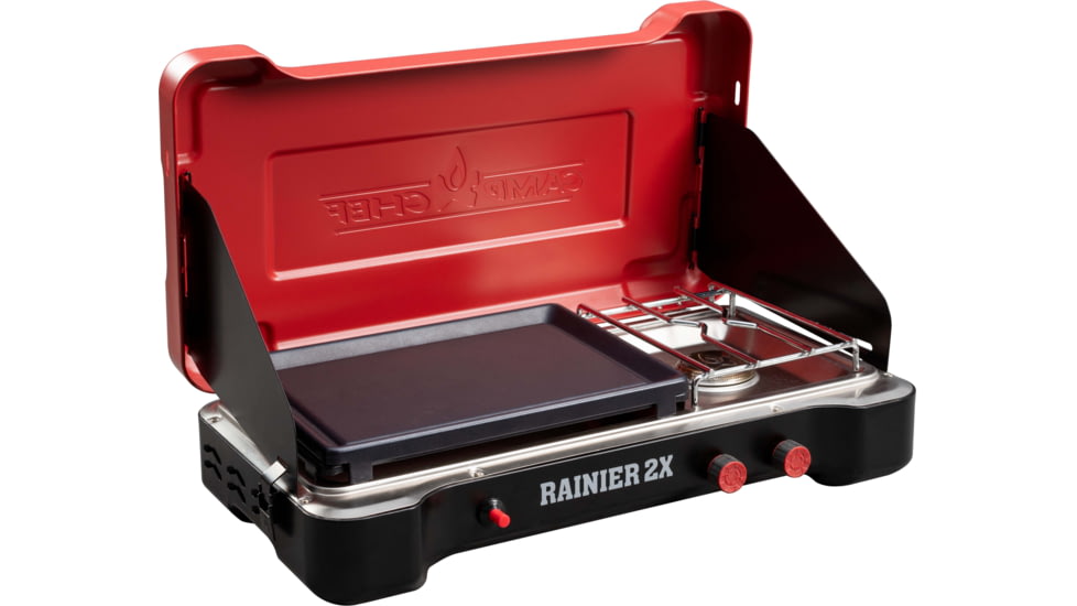 Camp Chef Mountain Series Rainier 2X Two-Burner Cooking System w/ Griddle &amp; Carry Bag, Black/Red, MSGGX