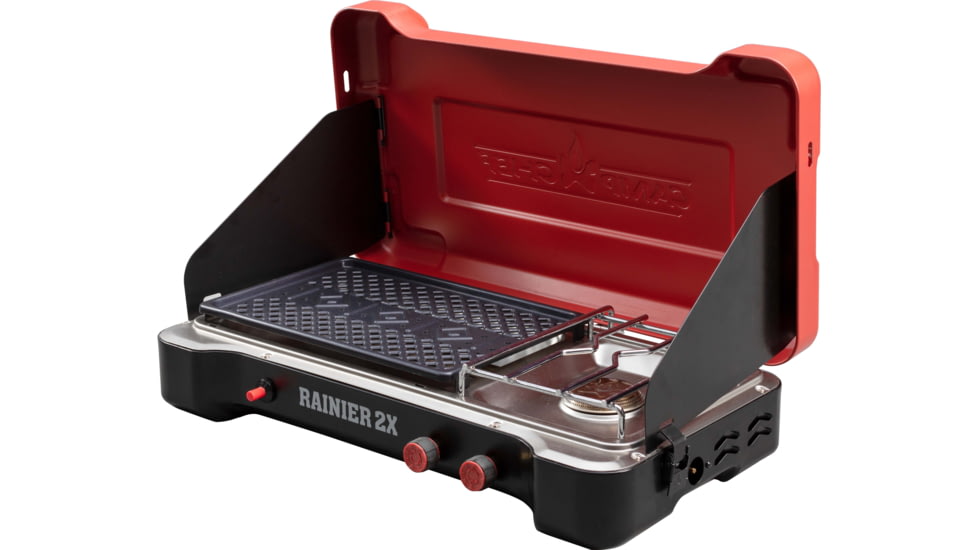 Camp Chef Mountain Series Rainier 2X Two-Burner Cooking System w/ Griddle &amp; Carry Bag, Black/Red, MSGGX