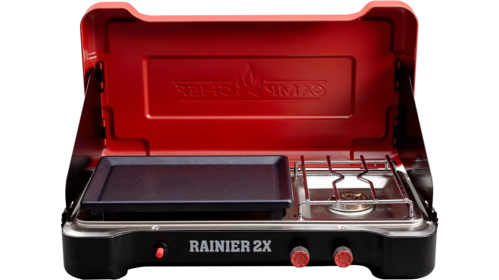 Camp Chef Mountain Series Rainier 2X Two-Burner Cooking System w/ Griddle &amp; Carry Bag, Black/Red, MSGGX