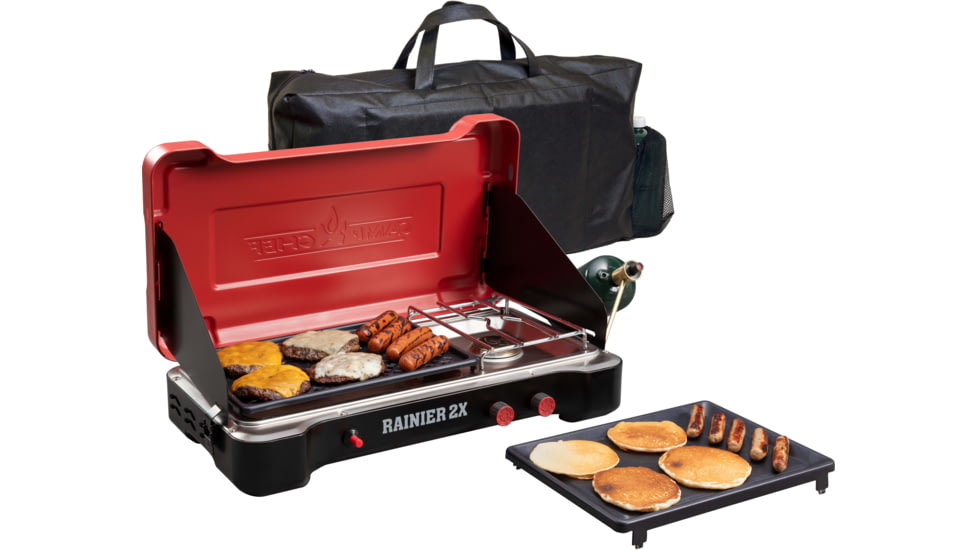 USED Camp Chef Mountain Series Rainier 2X Two-Burner Cooking System w/ Griddle &amp; Carry Bag, Black/Red, MSGGX, EDEMO1
