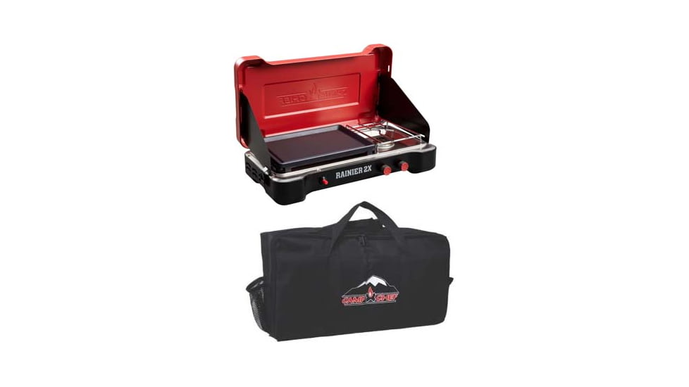 Camp Chef Mountain Series Rainier 2X Two-Burner Cooking System w/ Griddle &amp; Carry Bag, Black/Red, with Black Carry Bag, CBMS