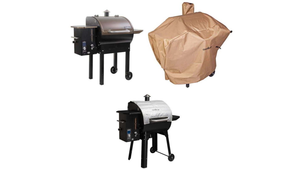 Camp Chef Smokepro DLX Pellet Grill, Bronze, with Tan Patio Cover, PCPG24L, and Blanket for 24in Pellet Grills, Grey, PG24BLKL