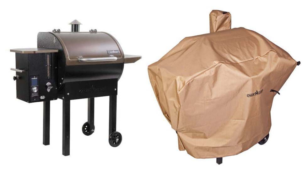 Camp Chef Smokepro DLX Pellet Grill, Bronze, with Tan Patio Cover, PCPG24L