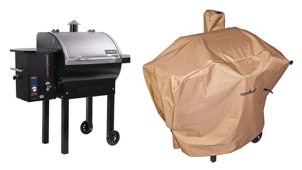Camp Chef Smokepro DLX Stainless Pellet Grill, Stainless, with Tan Patio Cover, PCPG24L
