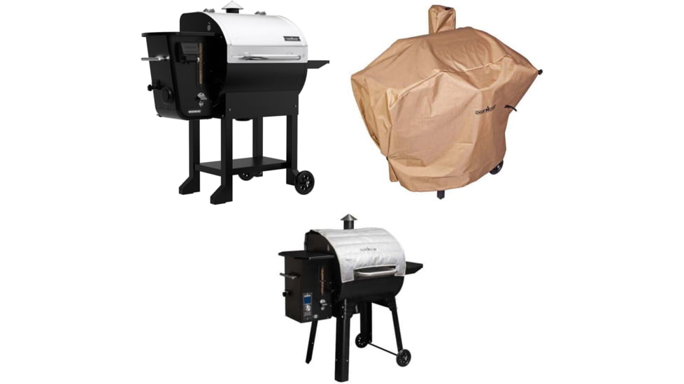 Camp Chef Woodwind Wi-Fi 24 Pellet Grill, Stainless/Black, with Tan Patio Cover, PCPG24L, and Blanket for 24in Pellet Grills, Grey, PG24BLKL