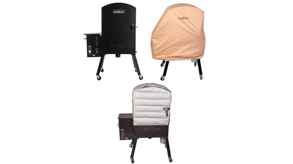 Camp Chef XXL Wi-Fi Vertical Smoker, Black, with Tan Patio Cover, PCPGXXL, and Blanket for 24in Pellet Grills, Grey, PGXXLBLK
