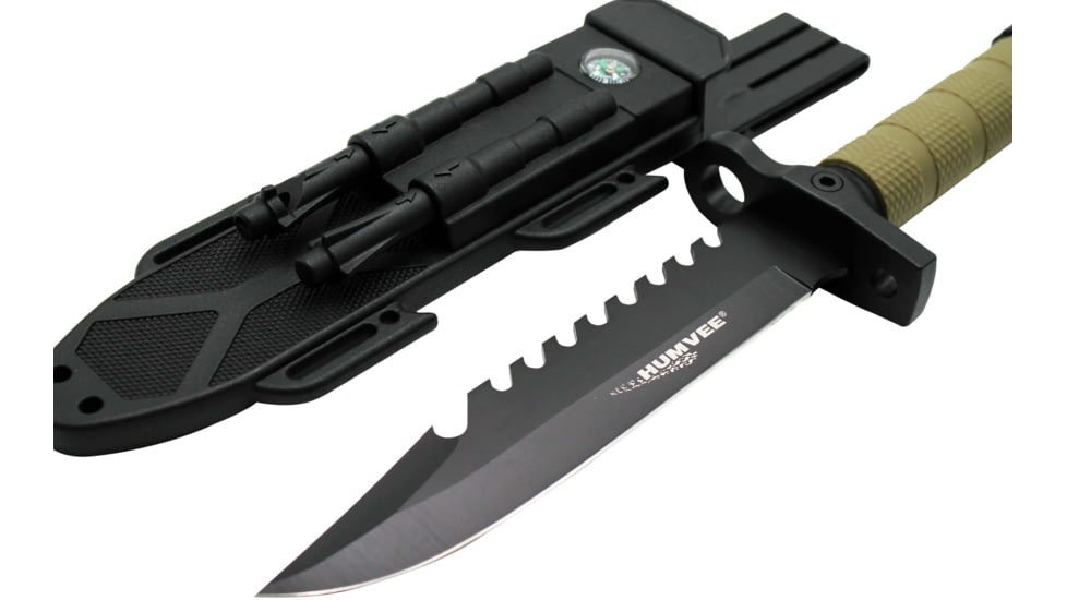 Campco Humvee Survival Knife, 7.50in, Stainless Steel, Fixed Sawback Plain Black Blade, Black Textured Rubber Handle, HMV-KFXB-02