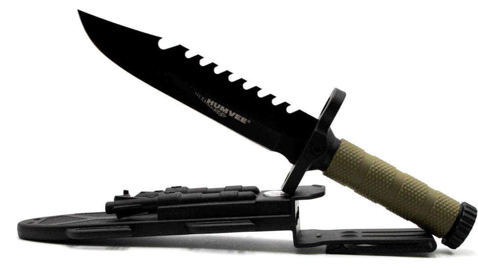 Campco Humvee Next Gen Survival Fixed Blade Knife w/ Sharpener and Firestarter, 7.5 in, Stainless Steel Blade, Serrated Edge, Green Textured Rubber Handle, HMV-KFXB-02