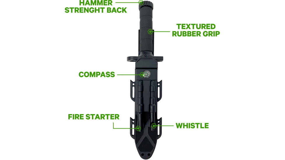 Campco Humvee Survival Knife, 7.50in, Stainless Steel, Fixed Sawback Plain Black Blade, OD Green Textured Rubber Handle, HMV-KFXB-01