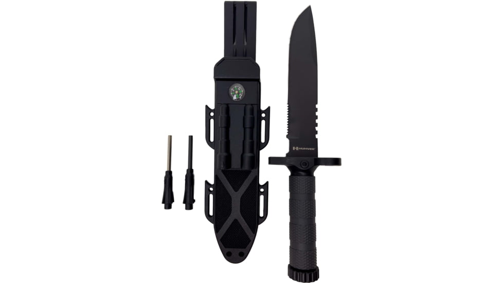 Campco Humvee Next Gen Survival Fixed Blade Knife w/ Sharpener and Firestarter, 7.5 in, Stainless Steel Blade, Serrated Edge, Black Textured Rubber Handle, HMV-KFXB-01