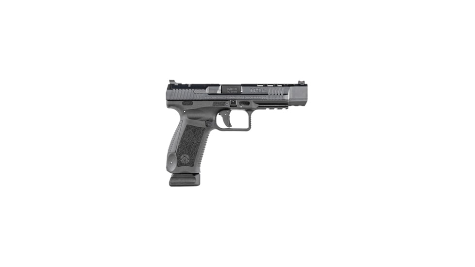 Canik TP9SFx Pistol, 9mm Luger, 5.2 in barrel, black polymer frame, integrated polymer grip, recoil operated semi-automatic, striker double-action, slide mounted decock button, fiber optic front, fixed 2 dot rear, 20 round magazine, CANIK-TP9SFX-FRRMPG