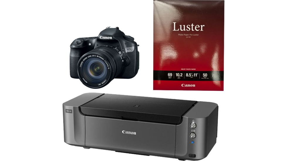 Canon EOS 60D Camera with EFS 18 to 135mm IS Lens 4460B004, Photo Paper, and Pixma PRO-10 Printer