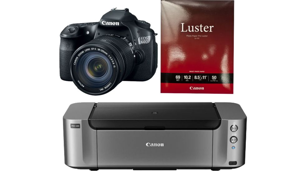 Canon EOS 60D Digital SLR Camera Kit with EFS 18 to 135mm IS Lens 4460B004 with Canon LU-101 Pro Luster Letter Size Paper 50 Pack 6211B004 and Canon PIXMA PRO-100 Photo Inkjet Printer, Black 6228B002