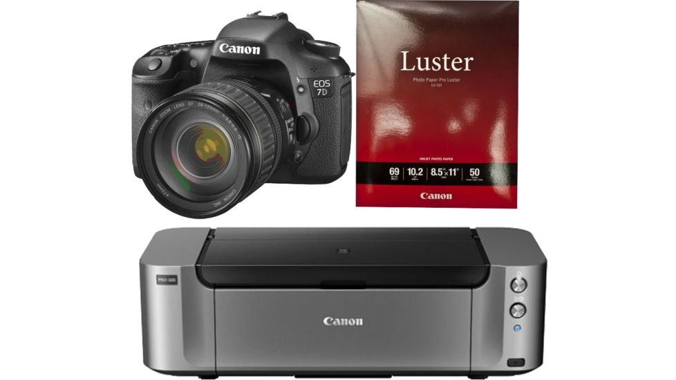 Canon EOS 7 D Digital SLR Camera Kit - Body Only 3814B004 with Canon LU-101 Pro Luster Letter Size Paper 50 Pack 6211B004 and Canon PIXMA PRO-100 Photo Inkjet Printer, Black 6228B002