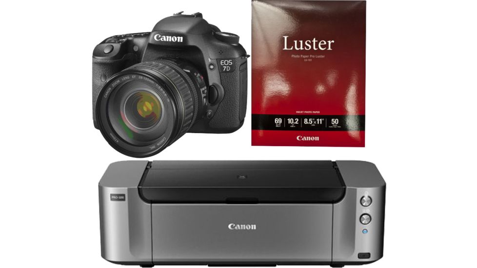Canon EOS 7D 18.0 Megapixel Digital SLR Camera Kit - 18.0 Megapixels, 1080P HD Video, 3.0Inch VGA LCD - 3814B016 with Canon LU-101 Pro Luster Letter Size Paper 50 Pack 6211B004 and Canon PIXMA PRO-100 Photo Inkjet Printer, Black 6228B002