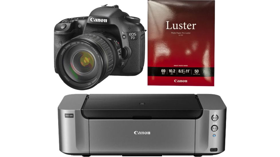 Canon EOS 7D Digital SLR Camera Kit - Includes EF 28-135mm f/3.5-5.6 IS USM Standard Zoom Lens 3814B010 with Canon LU-101 Pro Luster Letter Size Paper 50 Pack 6211B004 and Canon PIXMA PRO-100 Photo Inkjet Printer, Black 6228B002