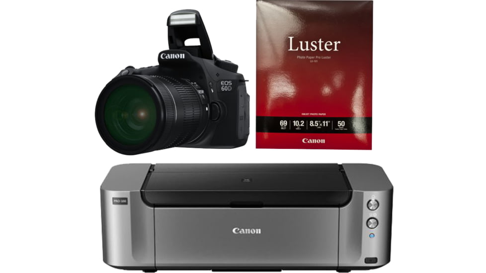 Canon EOS Rebel 60D 18MP Digital SLR Camera w/ EF-S 18-200mm IS Lens, Black 4460B016 with Canon LU-101 Pro Luster Letter Size Paper 50 Pack 6211B004 and Canon PIXMA PRO-100 Photo Inkjet Printer, Black 6228B002