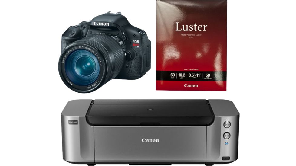 Canon EOS Rebel T3i 18 Megapixel Digital SLR Camera w/ EF-S 18-55mm IS II Lens,Black 5169B003 with Canon LU-101 Pro Luster Letter Size Paper 50 Pack 6211B004 and Canon PIXMA PRO-100 Photo Inkjet Printer, Black 6228B002