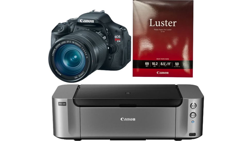 Canon EOS Rebel T3i 18MP Digital SLR Camera w/ EFS 18-135mm IS II Lens, Black 5169B005 with Canon LU-101 Pro Luster Letter Size Paper 50 Pack 6211B004 and Canon PIXMA PRO-100 Photo Inkjet Printer, Black 6228B002