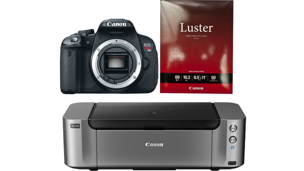 Canon EOS Rebel T4i Digital Camera Kit 6558B001 with Canon LU-101 Pro Luster Letter Size Paper 50 Pack 6211B004 and Canon PIXMA PRO-100 Photo Inkjet Printer, Black 6228B002