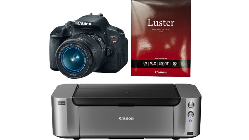Canon EOS Rebel T4i Digital Camera Kit with EF-S 18-55mm IS II Lens 6558B003 with Canon LU-101 Pro Luster Letter Size Paper 50 Pack 6211B004 and Canon PIXMA PRO-100 Photo Inkjet Printer, Black 6228B002