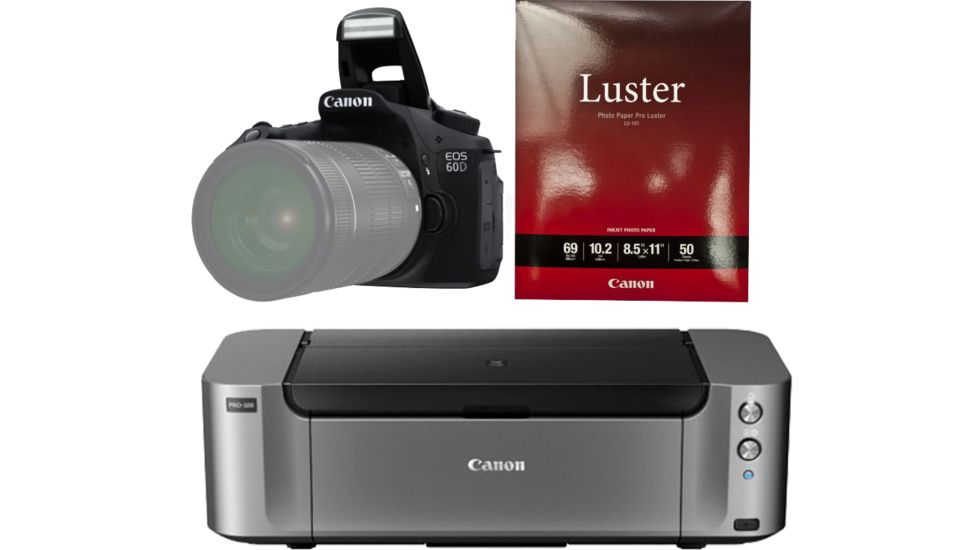 Canon EOS 60D Digital SLR Camera Body Kit 4460B003 with Canon LU-101 Pro Luster Letter Size Paper 50 Pack 6211B004 and Canon PIXMA PRO-100 Photo Inkjet Printer, Black 6228B002 4460B003-KIT1