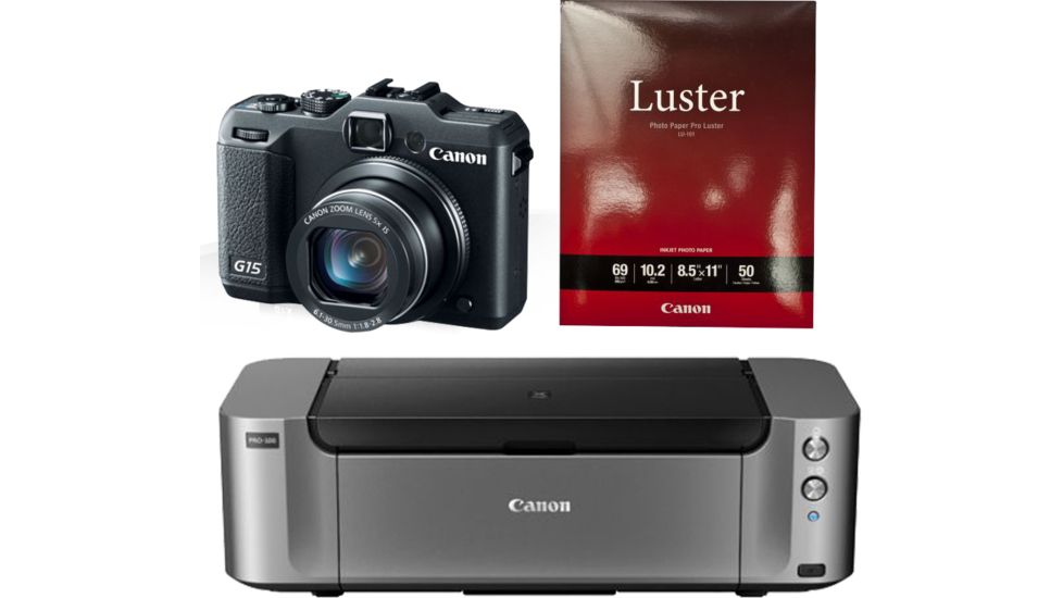 Canon PowerShot G15 Digital Camera, Black 6350B001 with Canon LU-101 Pro Luster Letter Size Paper 50 Pack 6211B004 and Canon PIXMA PRO-100 Photo Inkjet Printer, Black 6228B002