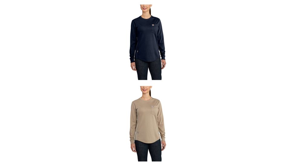Carhartt Flame-Resistant Womens Force Cotton Long Sleeve Crew T-Shirt, Dark Navy, Khaki