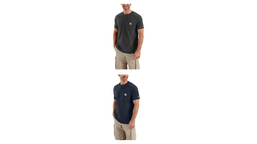 Carhartt Force Cotton Delmont Short Sleeve Henley for Mens, Carbon Heather, Navy
