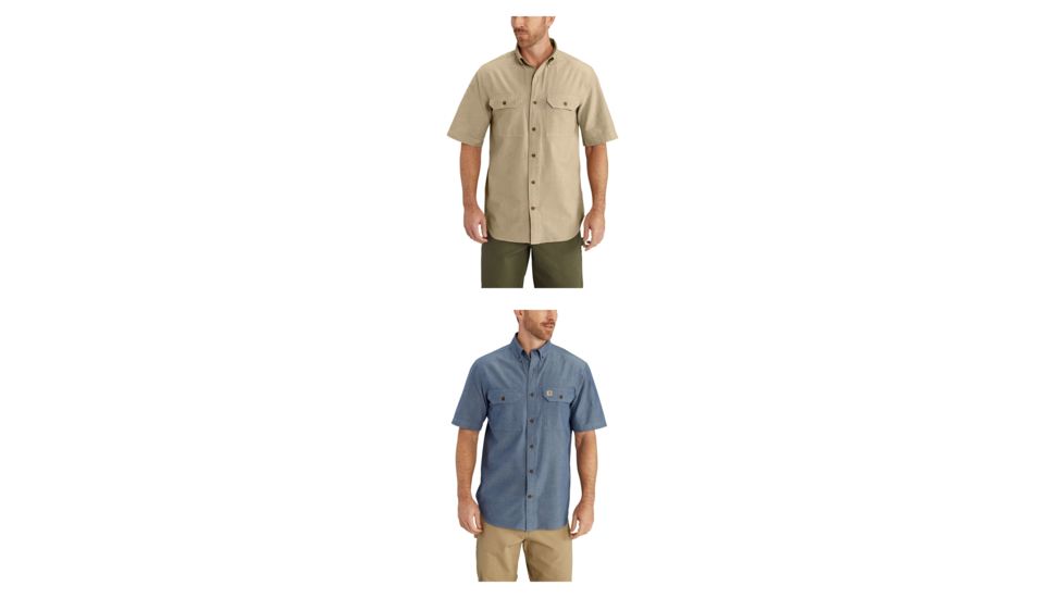Carhartt Fort Solid Short Sleeve Shirt for Mens, Dark Tan Chambray, Denim Blue Chambray