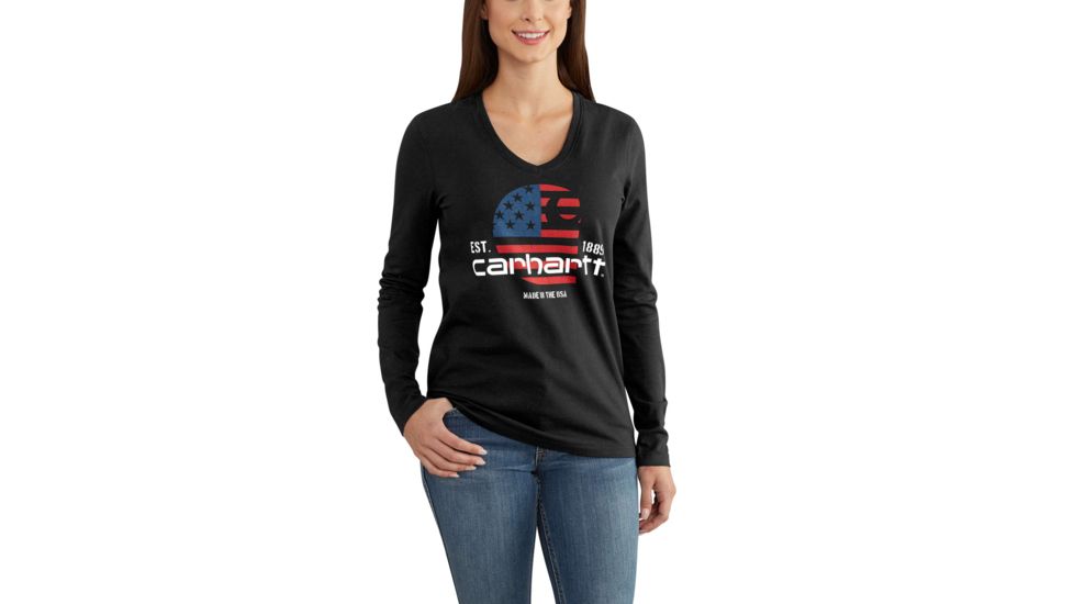 Carhartt Lubbock Grphc Fld Flag Long Sleeve V T-Shirt for Womens, Black, Extra Small/Regular 102768-001-REG-XS
