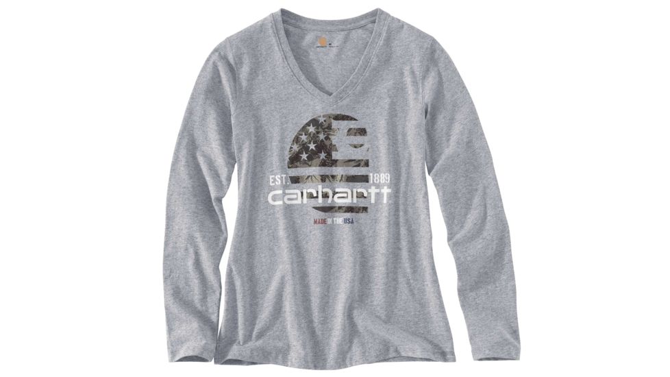 Carhartt Lubbock Grphc Fld Flag Long Sleeve V T-Shirt for Womens, Heather Gray, Small/Regular 102768-034-REG-S