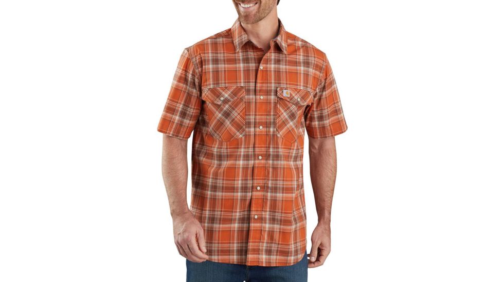 Carhartt Rugged Flex Lightweight Short-Sleeve Snap-Front Plaid Shirt - Mens, Harvest Orange, Large, 104171-HVO-REG-L