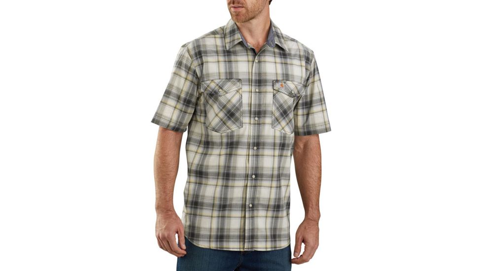 Carhartt Rugged Flex Lightweight Short-Sleeve Snap-Front Plaid Shirt - Mens, Olive, Large, 104171-OLV-REG-L