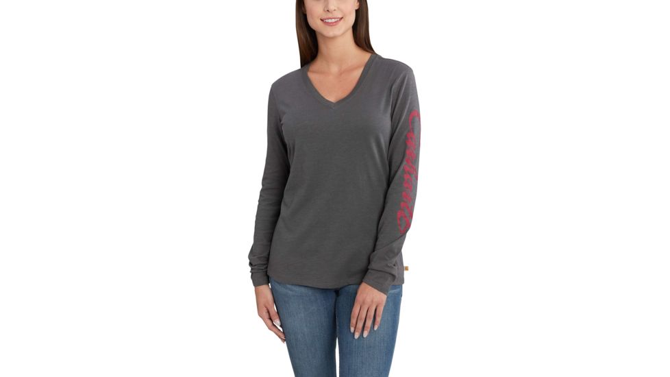 Carhartt Welton Grphc Sleeve Lgo Long Sleeve V T-Shirt for Womens, Shadow, Extra Small/Regular 102765-029-REG-XS