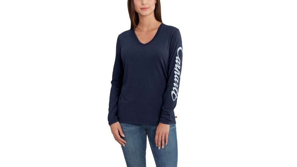 Carhartt Welton Grphc Sleeve Lgo Long Sleeve V T-Shirt for Womens, Navy, Extra Small/Regular 102765-412-REG-XS